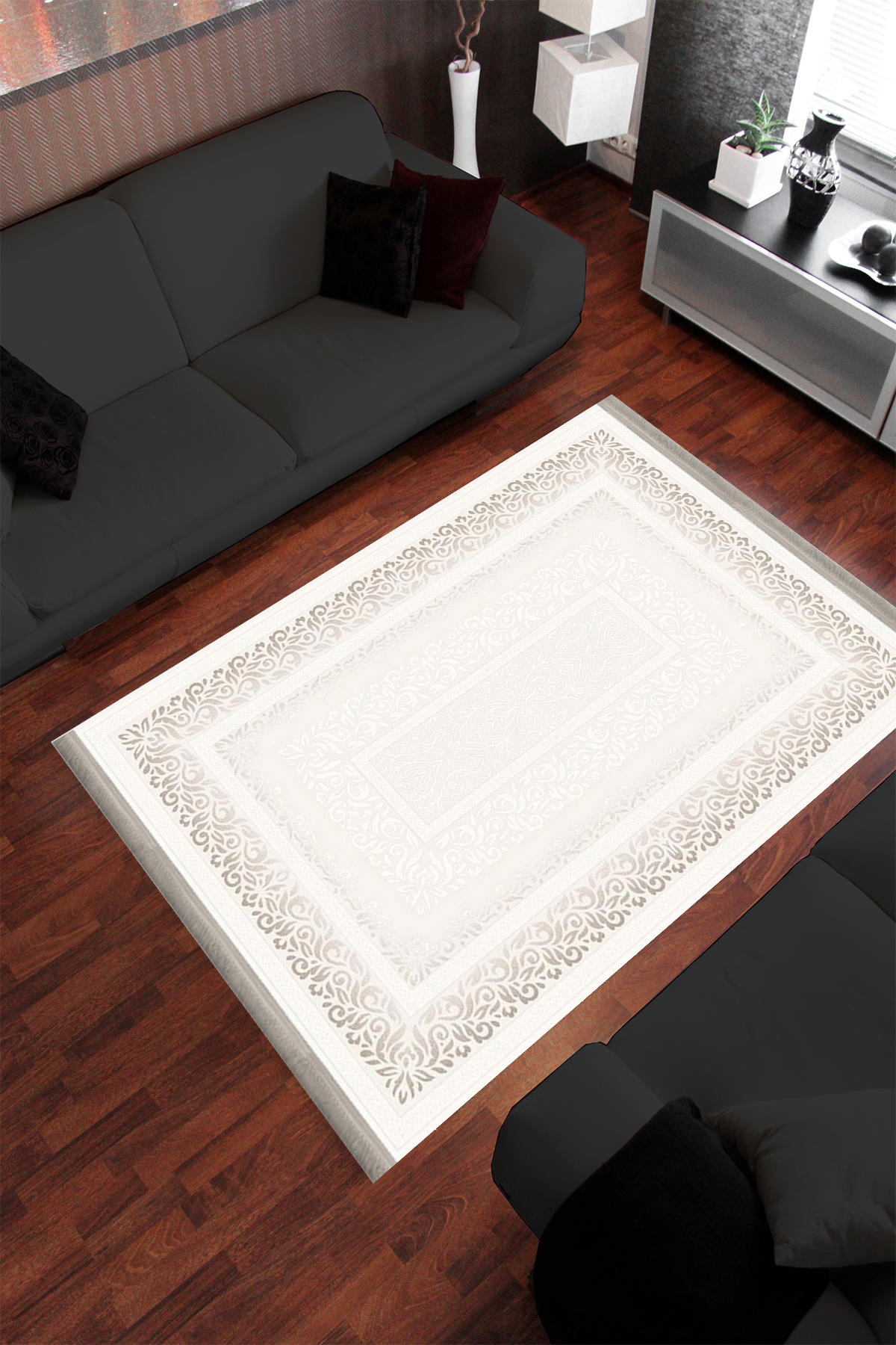 Homier Collection H-KS-3080A Bej-Kahverengi 7 mm Pamuk Antibakteriyel Yıkanabilir Orta Kaymaz Dot Taban Dikdörtgen Makine Dokuma Salon Halısı 100x150 cm