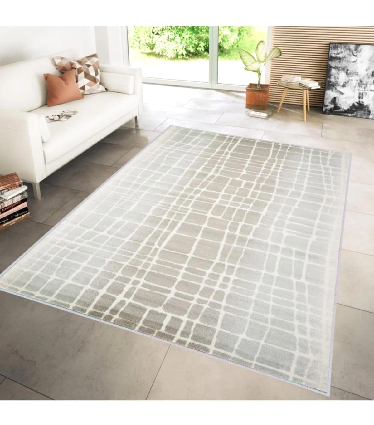 Rovigo Home RVG1184 Krem 8 mm Polyester Leke Tutmaz-Toz Tutmaz Yıkanabilir İnce Kaymaz Dot Taban Dikdörtgen Makine Dokuma Salon Halısı 100x200 cm