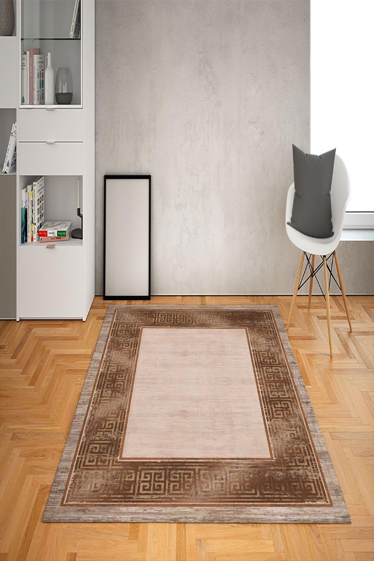 Doruklar Home Collection Bej-Kahverengi 0.7 mm Antibakteriyel Yıkanabilir Kalın Kaymaz Taban Geometrik Dikdörtgen Makine Dokuma Salon Halısı 100x500 cm