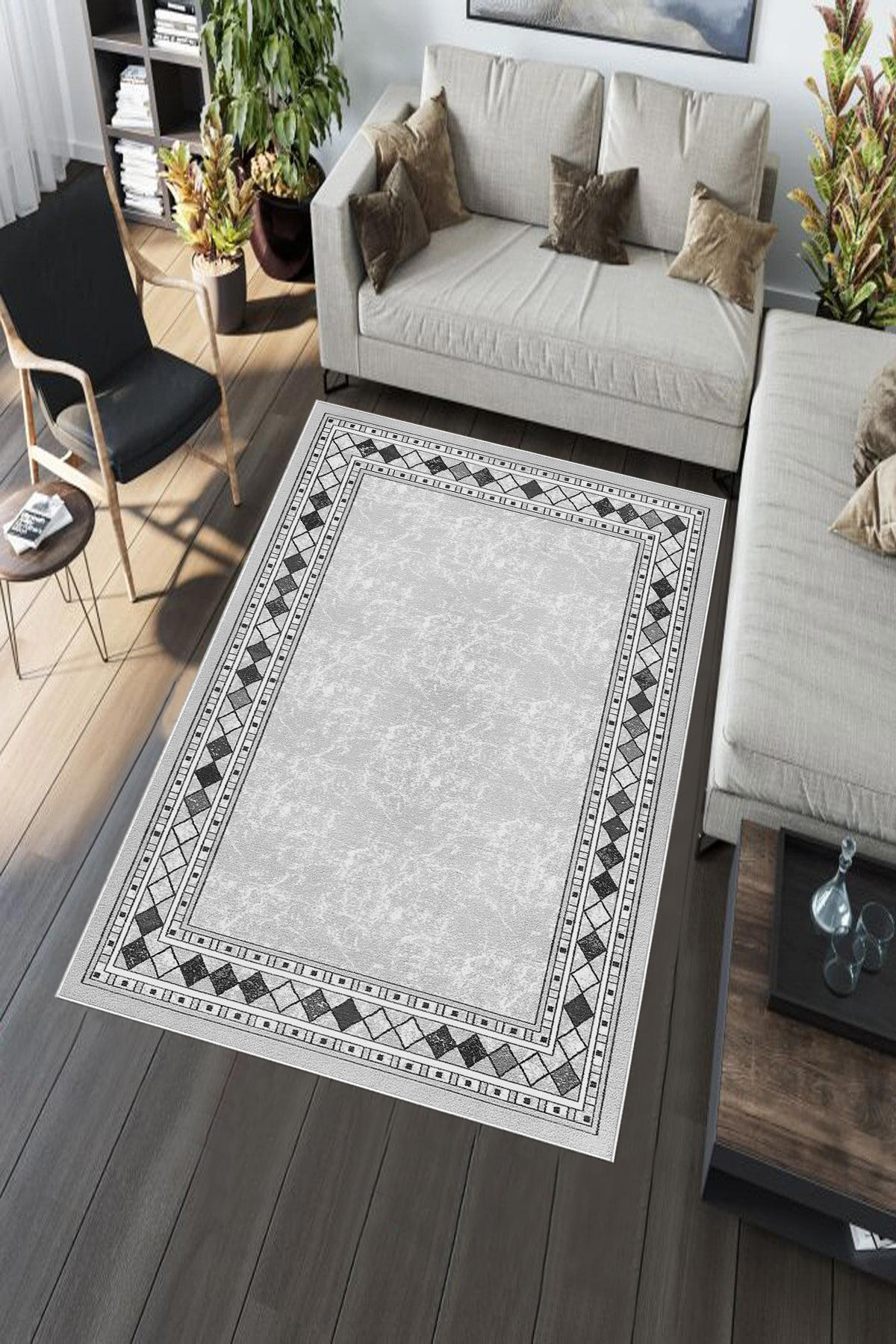 Aldora Beyaz - Siyah 0.8 mm Polipropilen Yıkanabilir Orta Kaymaz Deri Taban Dikdörtgen Makine Dokuma Salon Halısı 180x180 cm