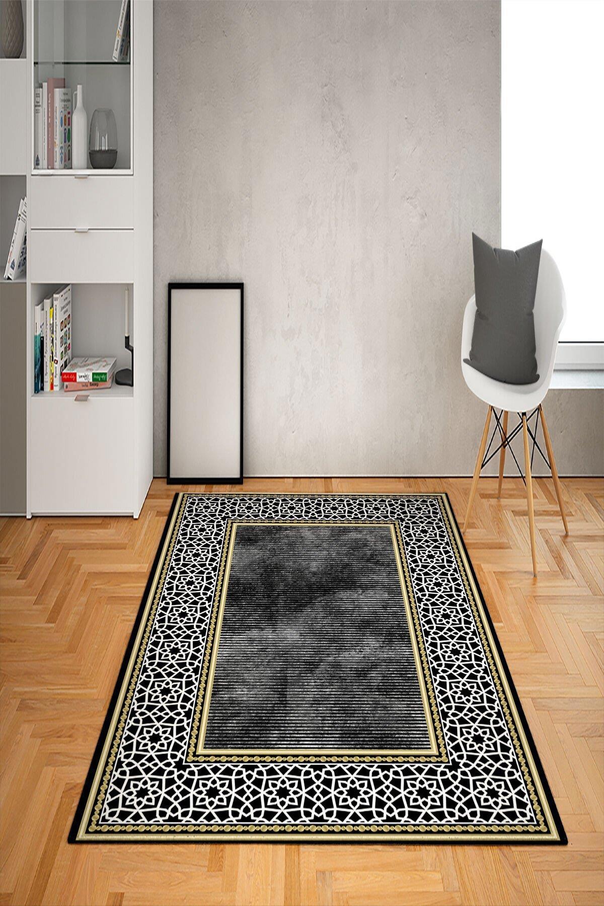 Doruklar Home Collection Gri 0.7 mm Antibakteriyel Yıkanabilir Kalın Kaymaz Taban Geometrik Dikdörtgen Makine Dokuma Salon Halısı 160x230 cm