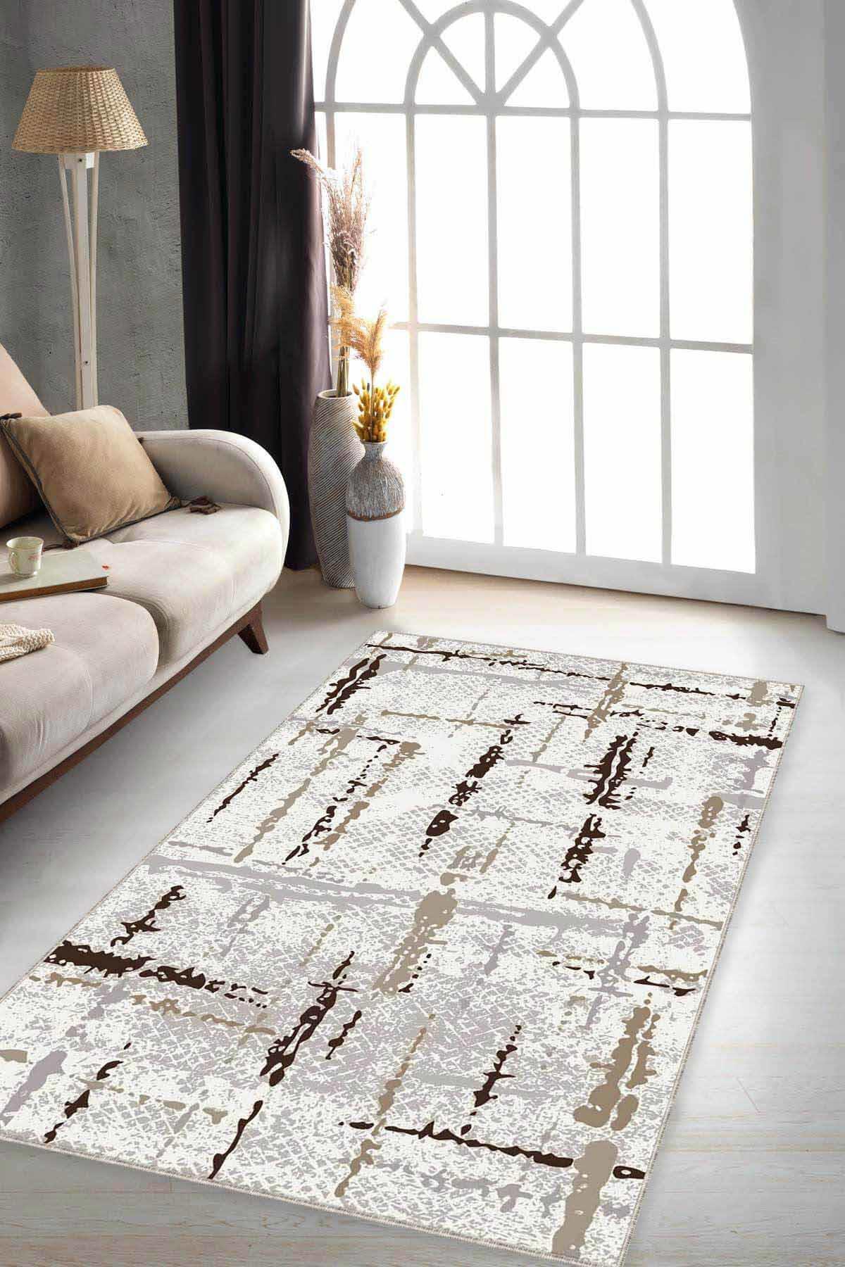 Viva Home SY02 Bej 7 mm Mikropolyester Leke Tutmaz Yıkanabilir İnce Kaymaz Dot Taban Dikdörtgen Makine Dokuma Salon Halısı 180x250 cm