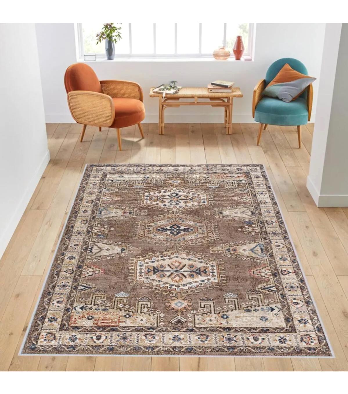 Rovigo Home RVG1759 Kahverengi 8 mm Polyester Antibakteriyel-Leke Tutmaz-Toz Tutmaz Yıkanabilir İnce Kaymaz Dot Taban Dikdörtgen Makine Dokuma Salon Halısı 200x290 cm