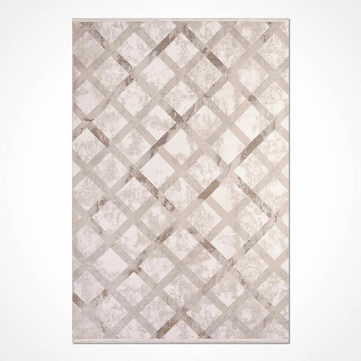 Crea Halı Galyon 16153 Krem 8 mm Akrilik Toz Tutmaz Yıkanabilir Orta Geometrik Dikdörtgen Makine Dokuma Salon Halısı 140x200 cm