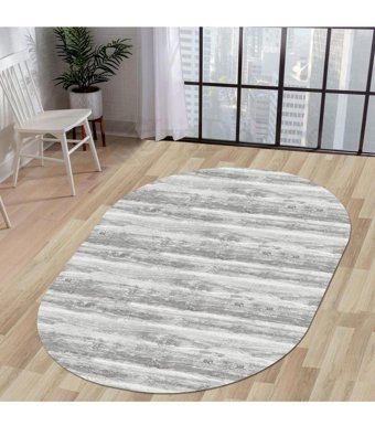 Dijidekor KY7056 Gri 6 mm Polyester Yıkanabilir Orta Kaymaz Dot Taban Oval Makine Dokuma Salon Halısı 120x180 cm