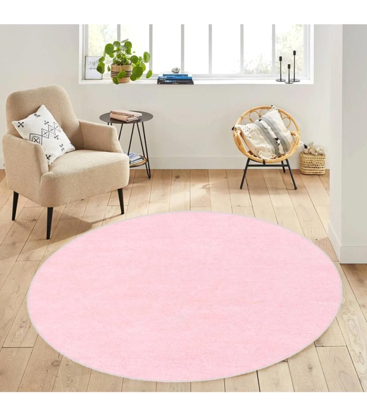 Rovigo Home RVG7092 Pembe 8 mm Polyester Antibakteriyel-Leke Tutmaz-Toz Tutmaz Yıkanabilir İnce Kaymaz Dot Taban Yuvarlak Makine Dokuma Salon Halısı 160x230 cm