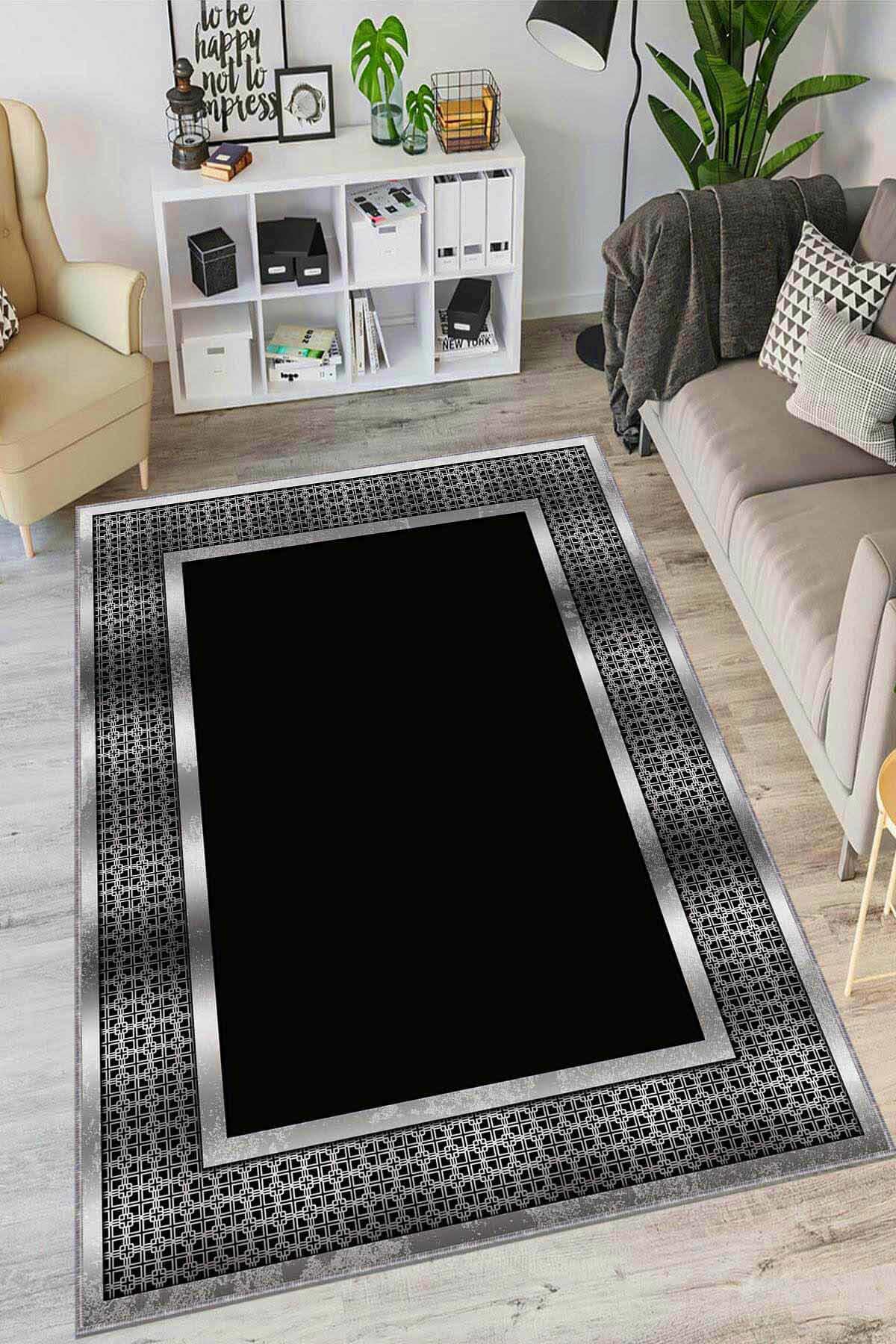 Viva Home AR985 Siyah 7 mm Mikropolyester Antibakteriyel Yıkanabilir Kalın Kaymaz Lateks Taban Dikdörtgen Makine Dokuma Salon Halısı 100x200 cm