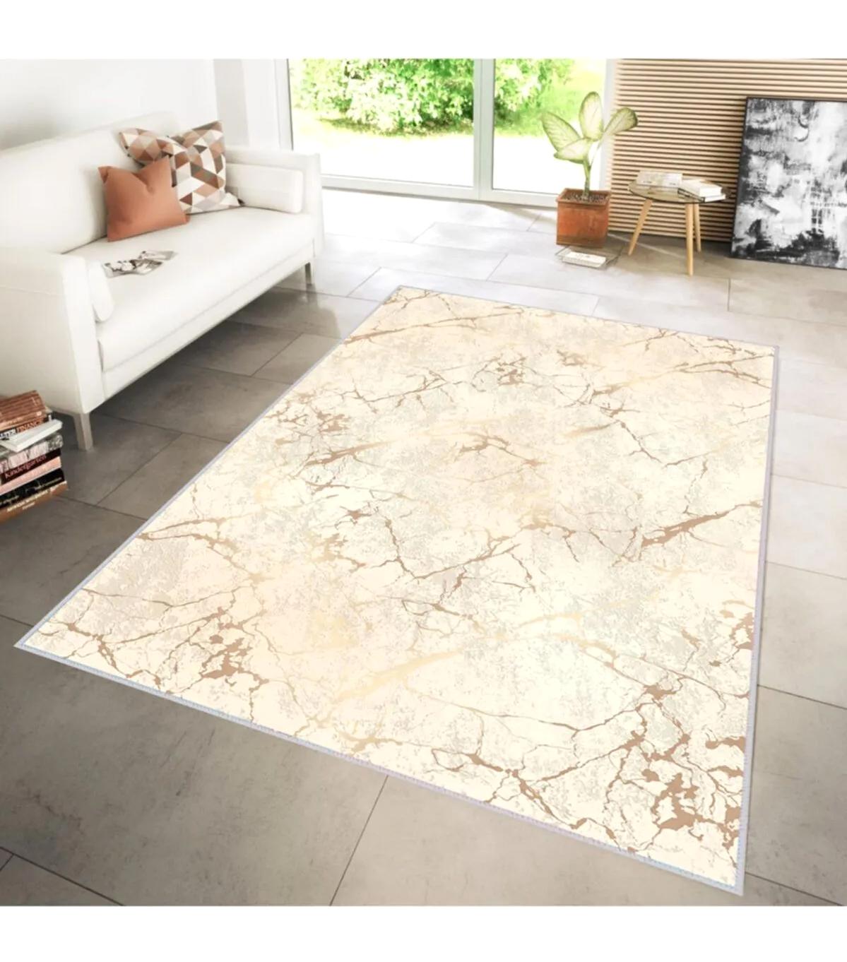 Rovigo Home RVG1291 Krem 8 mm Polyester Leke Tutmaz-Toz Tutmaz Yıkanabilir İnce Kaymaz Dot Taban Dikdörtgen Makine Dokuma Salon Halısı 80x150 cm