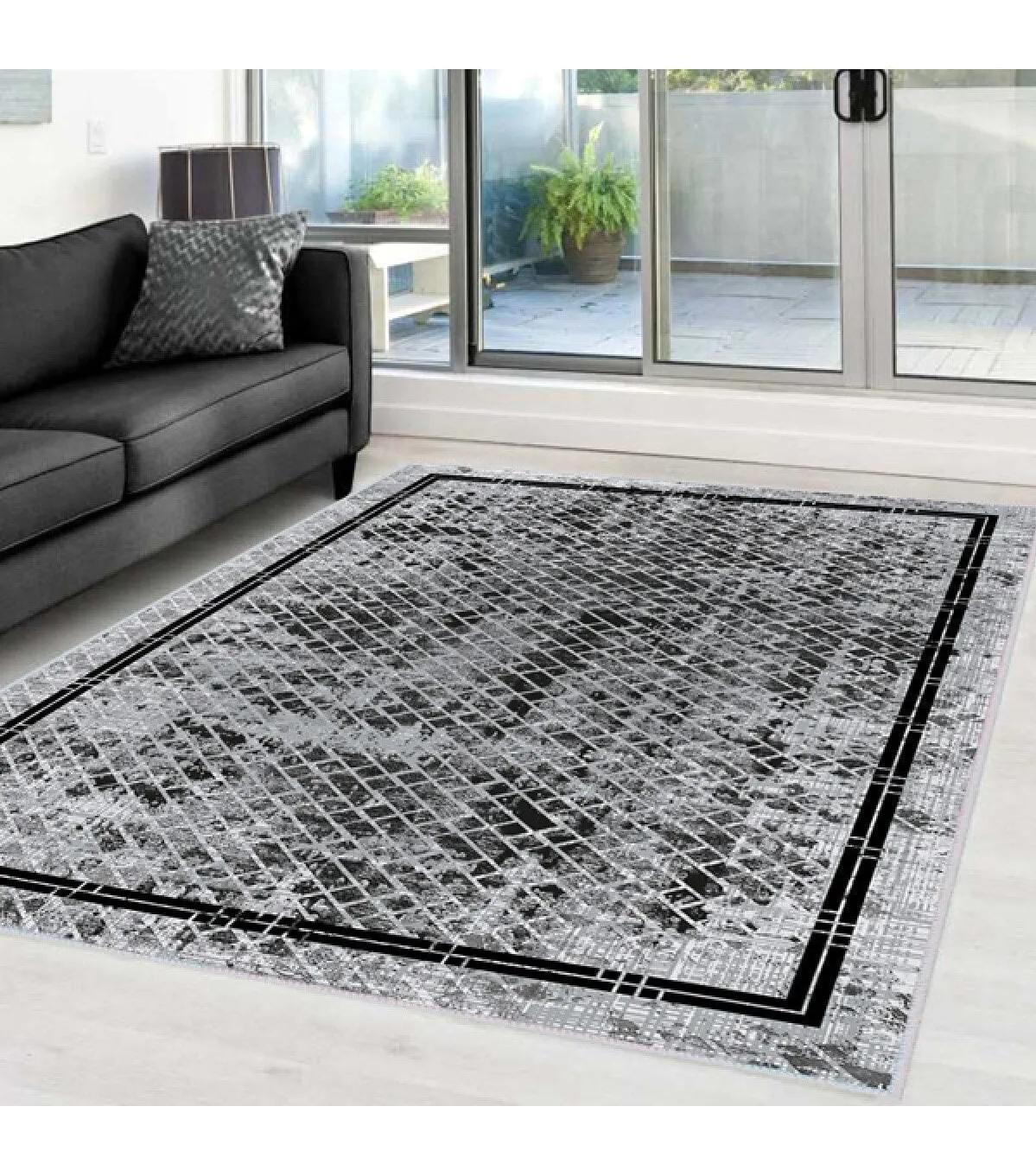 Rovigo Home RVG0043-SD1092 Gri-Siyah 8 mm Polyester Leke Tutmaz Yıkanabilir Orta Kaymaz Dot Taban Dikdörtgen Makine Dokuma Salon Halısı 120x180 cm