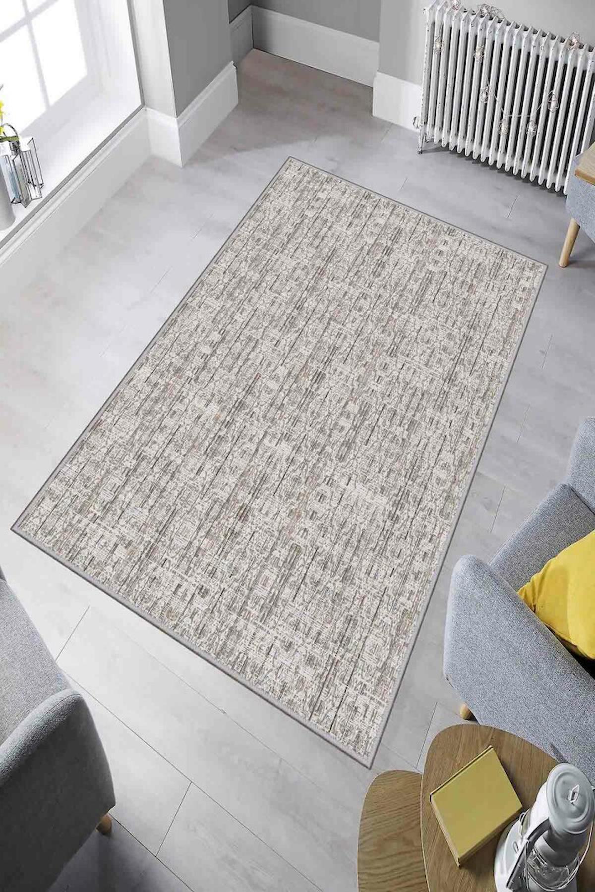 Homefesto Krem 5 mm Polyester Leke Tutmaz Yıkanabilir İnce Kaymaz Taban Dikdörtgen Makine Dokuma Salon Halısı 100x350 cm