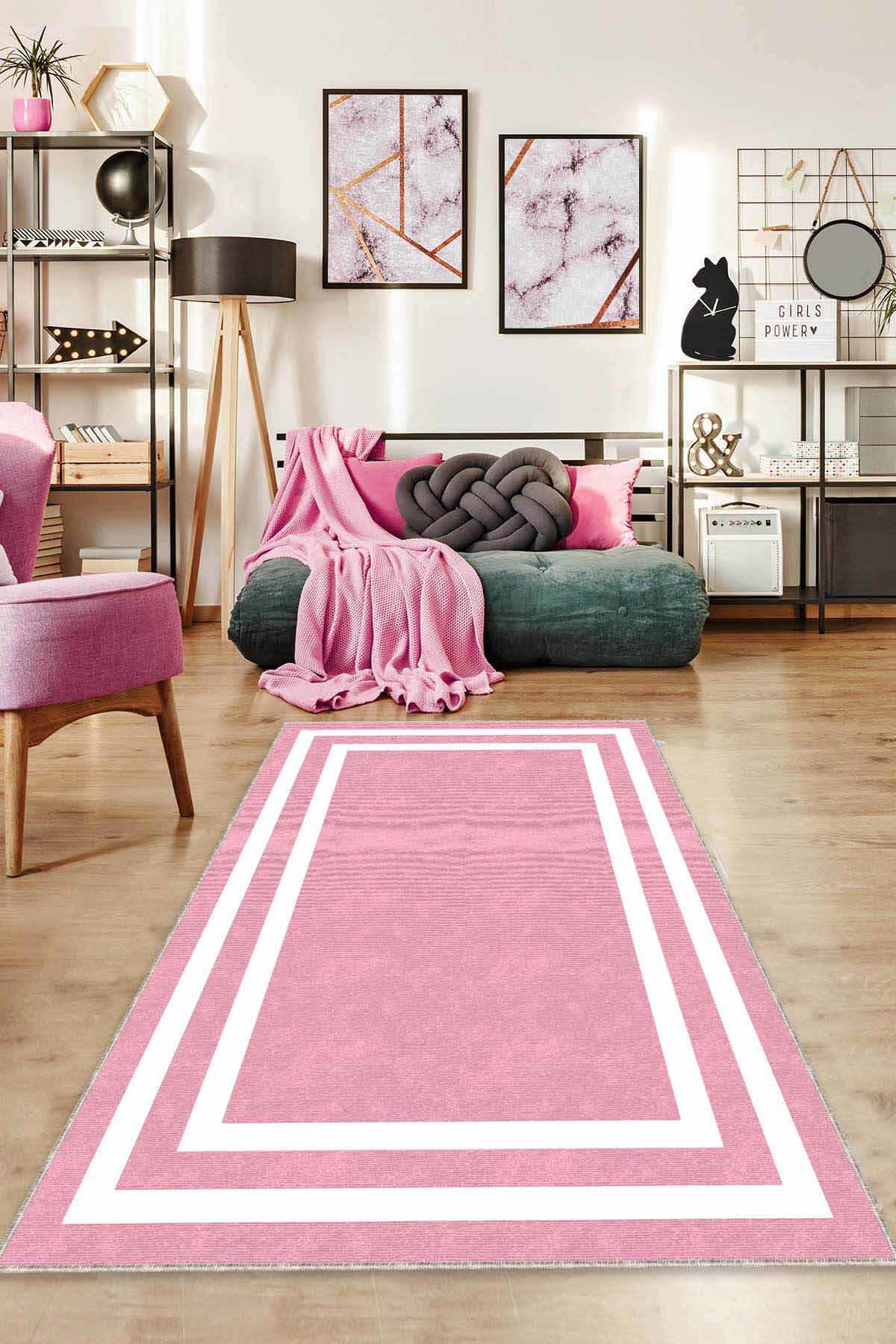 Viva Home AR517 Pembe 7 mm Mikropolyester Leke Tutmaz Yıkanabilir İnce Kaymaz Dot Taban Dikdörtgen Makine Dokuma Salon Halısı 140x200 cm