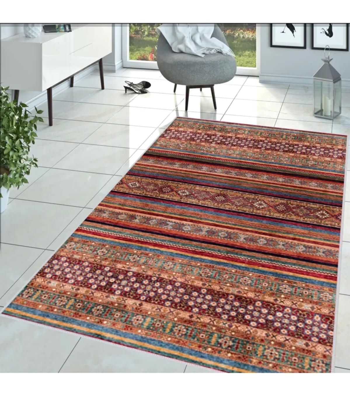 Rovigo Home RVG1391-HT649 Çok Renkli 8 mm Polyester Leke Tutmaz-Toz Tutmaz Yıkanabilir İnce Kaymaz Dot Taban Dikdörtgen Makine Dokuma Salon Halısı 120x200 cm