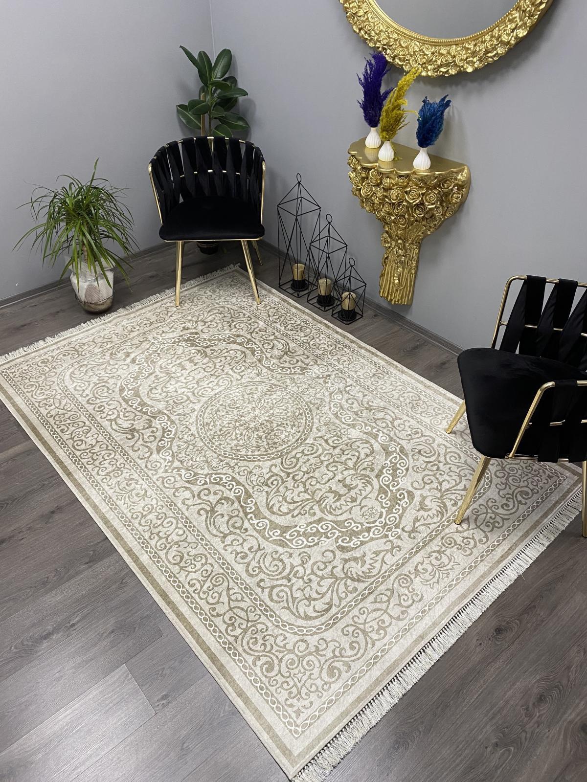 Halı Furyası Krem 8 mm Silinebilir Yıkanabilir Orta Kaymaz Deri Taban Dikdörtgen Makine Dokuma Salon Halısı 100x150 cm