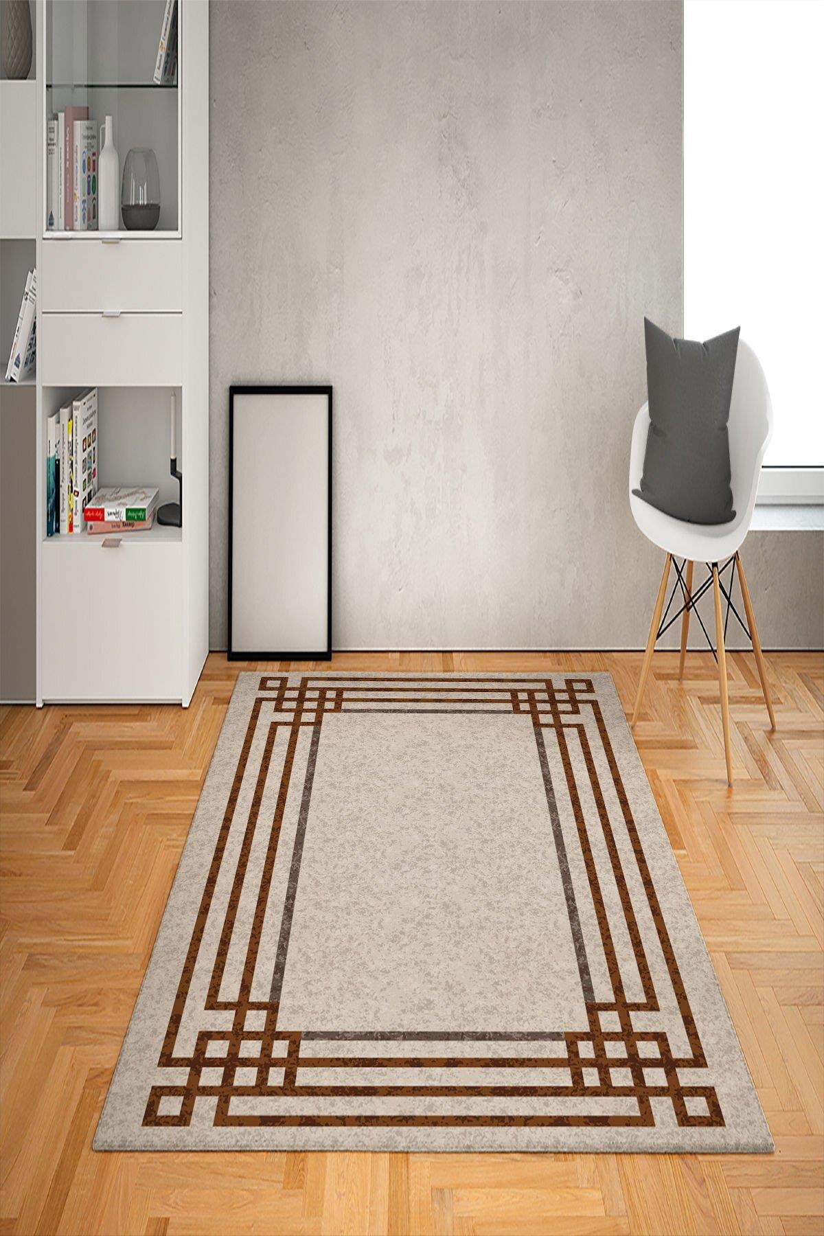 Doruklar Home Collection Bej-Kahverengi 0.7 mm Antibakteriyel Yıkanabilir Kalın Kaymaz Taban Geometrik Dikdörtgen Makine Dokuma Salon Halısı 240x340 cm