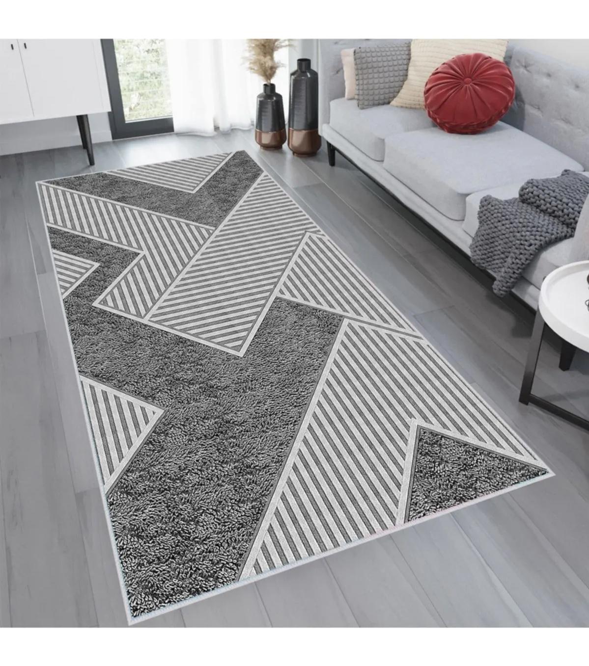 Rovigo Home RVG1767 Gri 8 mm Polyester Antibakteriyel-Leke Tutmaz-Toz Tutmaz Yıkanabilir İnce Kaymaz Dot Taban Dikdörtgen Makine Dokuma Salon Halısı 80x200 cm