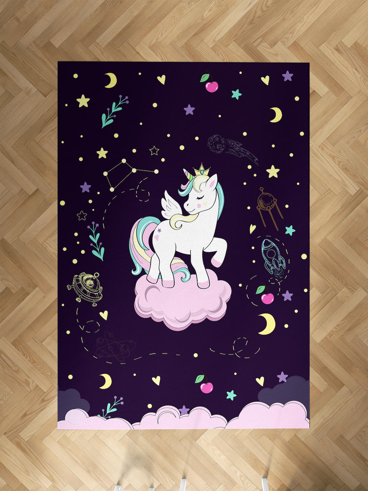 Mekta Home Bulut-Unicorn Çok Renkli 10 mm Antibakteriyel Yıkanabilir İnce Kaymaz Dot Taban Dikdörtgen Makine Dokuma Çocuk Odası Halısı 160x600 cm