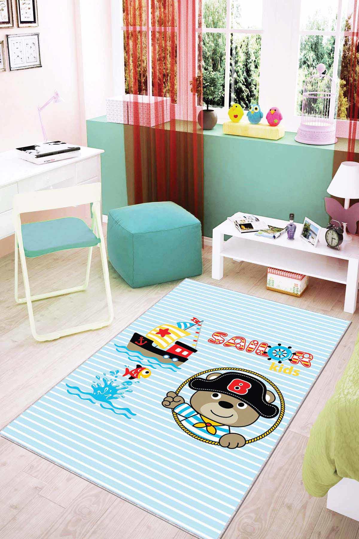 Viva Home AR028 Mavi 7 mm Mikropolyester Leke tutmaz Yıkanabilir İnce Kaymaz Dot Taban Dikdörtgen Makine Dokuma Çocuk Odası Halısı 100x200 cm