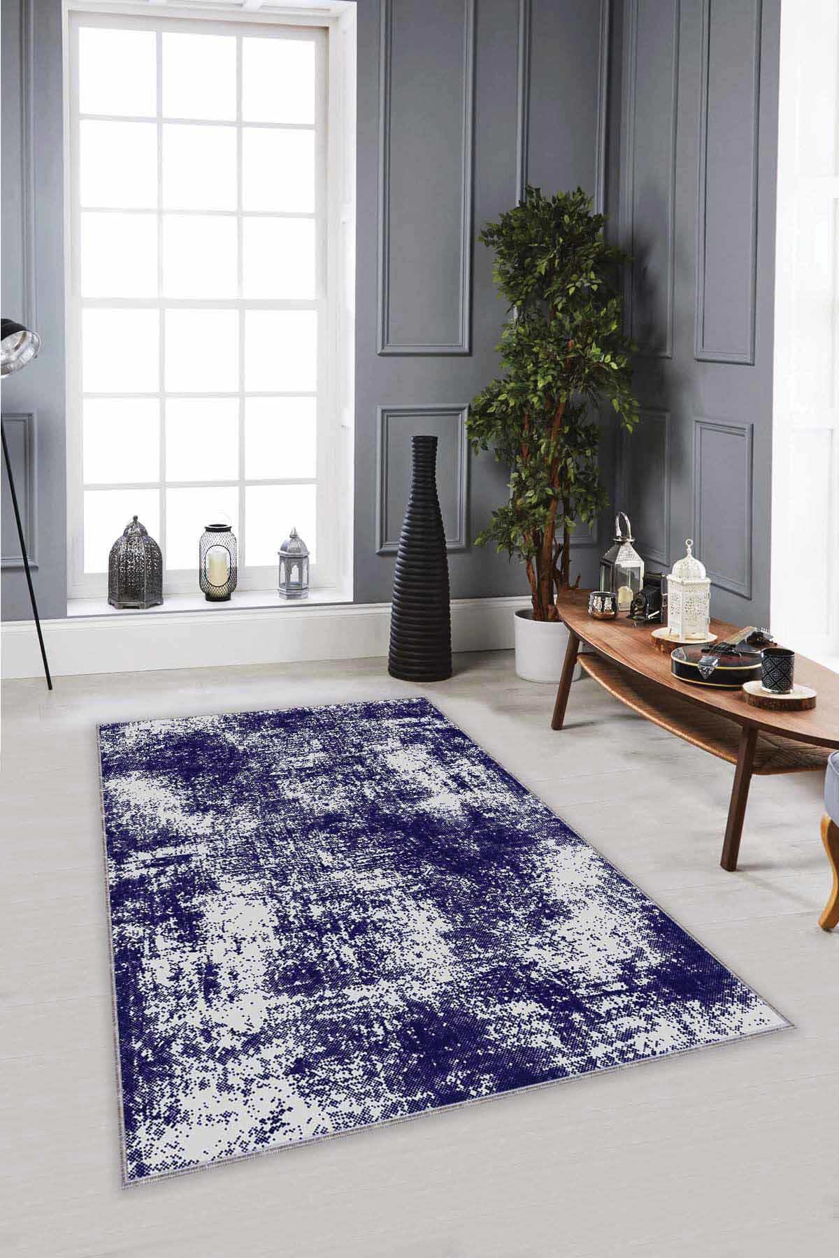 Viva Home SS01 Lacivert 7 mm Mikropolyester Leke tutmaz Yıkanabilir İnce Kaymaz Dot Taban Dikdörtgen Makine Dokuma Salon Halısı 140x200 cm