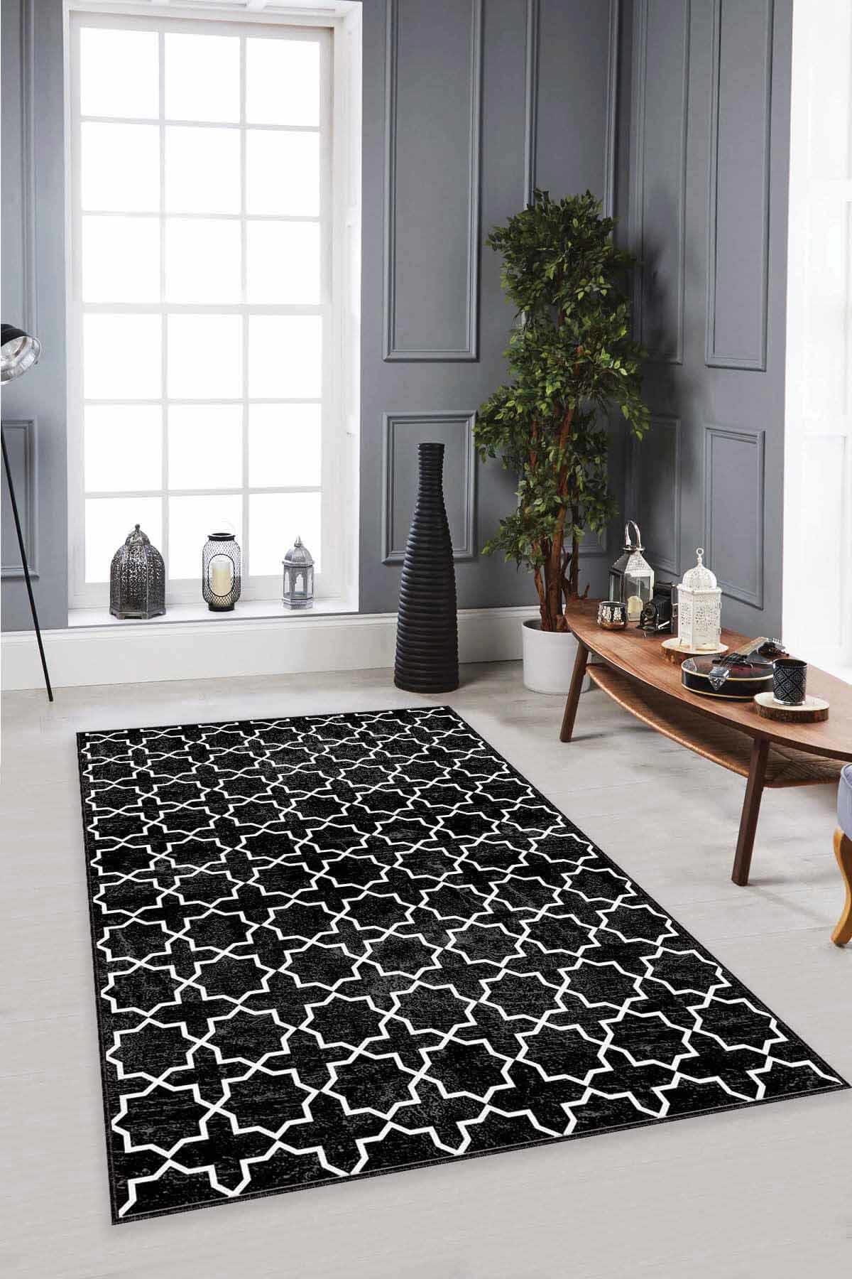 Viva Home MO03 Siyah 7 mm Mikropolyester Toz Tutmaz Yıkanabilir İnce Kaymaz Lateks Taban Dikdörtgen Makine Dokuma Salon Halısı 100x300 cm