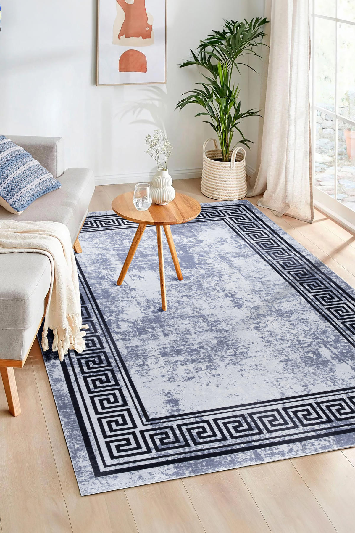 Valery Home 36780 Krem Lacivert 12 mm Polipropilen Yıkanabilir Orta Kaymaz Dot Taban Dikdörtgen Makine Dokuma Salon Halısı 100x300 cm