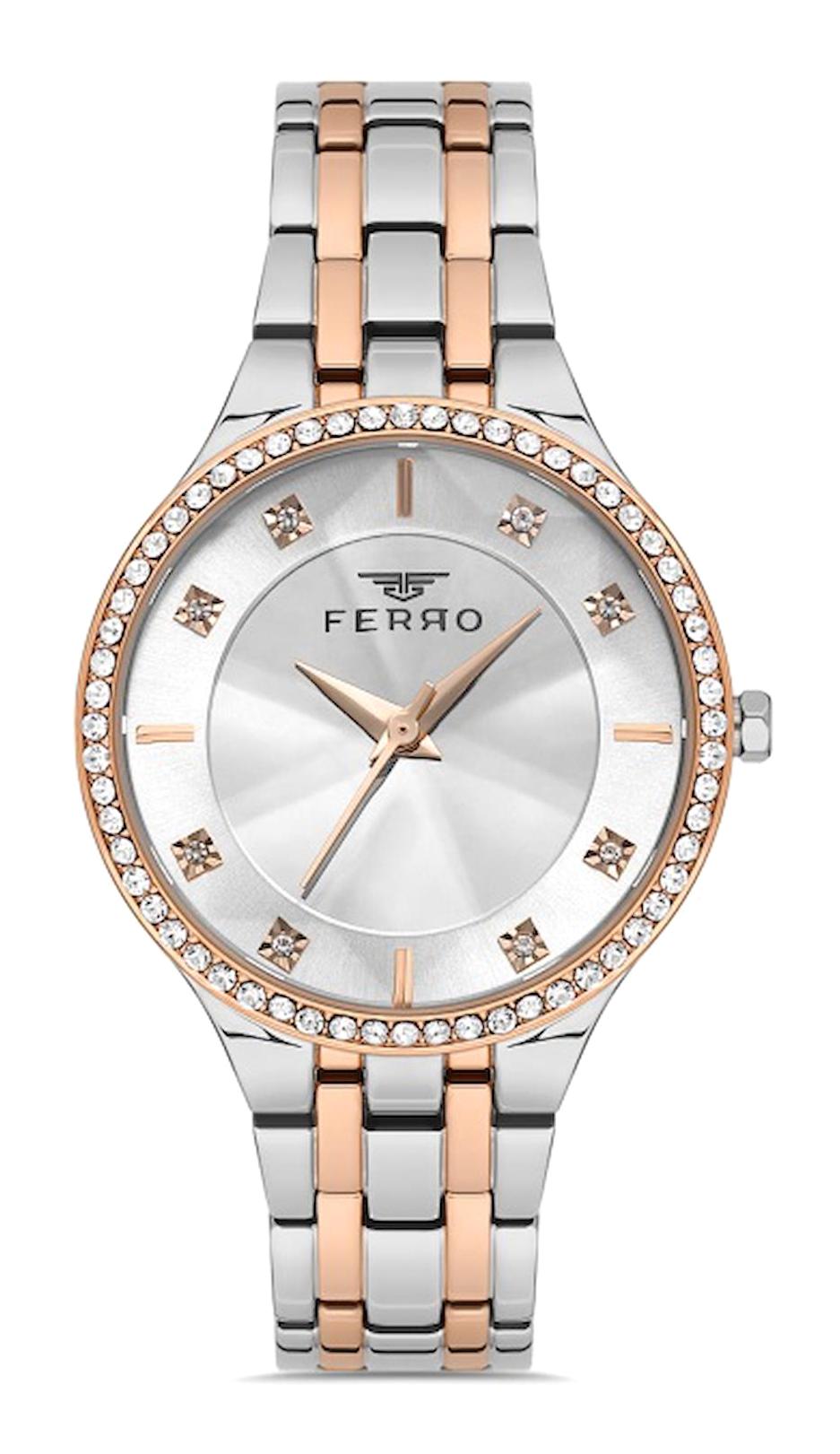 Ferro FL21467A-E 34 mm Gri-Rose Gold Metal Kordon Analog Kadın Kol Saati