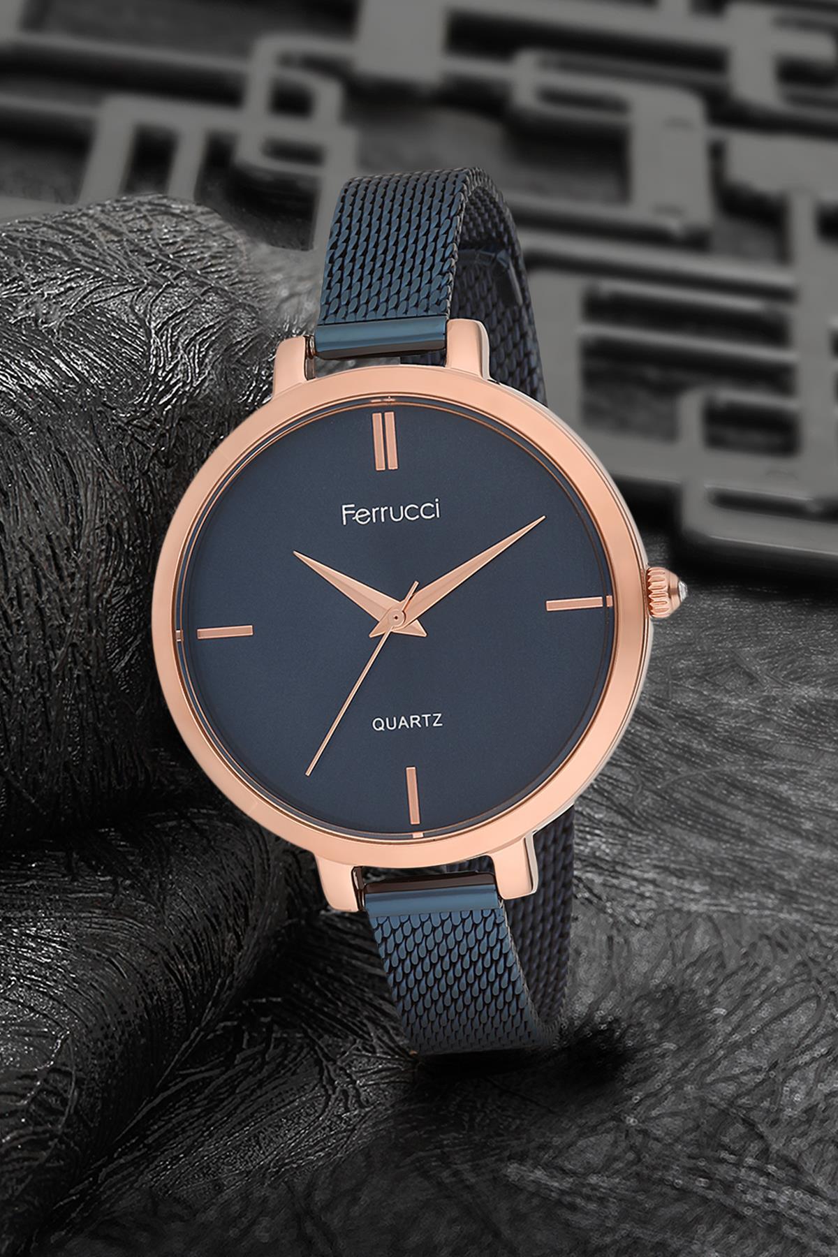 Ferrucci 9FM2416 38 mm Lacivert Çelik-Hasır Kordon Analog Kadın Kol Saati