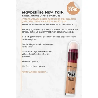 Maybelline Multi Use 02 Nude Nemlendiricili Göz Altı ve Yüz Likit Silgi Kapatıcı