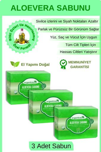 Organicsun Tüm Cilt Tipleri İÇin Aloe Vera Katı Sabun 3x140 gr