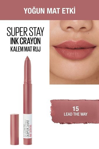 Maybelline New York Super Stay Ink Crayon No:15 Lead The Way Suya Dayanıklı Kalın Mat Dudak Kalemi Pembe