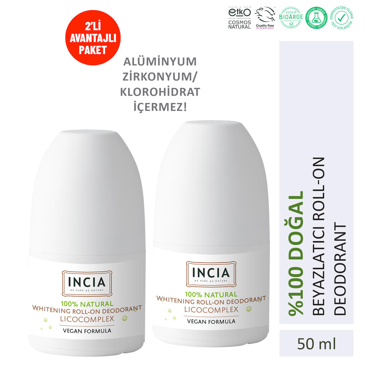 Incia Pudrasız Ter Önleyici Organik Antiperspirant Roll-On Kadın Deodorant 2x50 ml