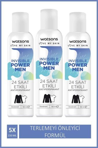 Watsons Invisible Power Men Pudrasız Ter Önleyici Antiperspirant Sprey Erkek Deodorant 3x150 ml