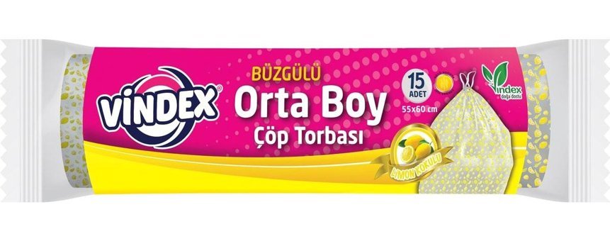 Vindex Limon Kokulu Büzgülü Orta Boy 55x60 cm Çöp Poşeti 15 Adet Sarı