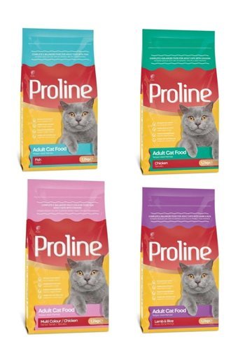 Pro Line Renkli Taneli Balık-Tavuk-Kuzu Düşük Tahıllı Yetişkin Kedi Maması 4x1.2 kg