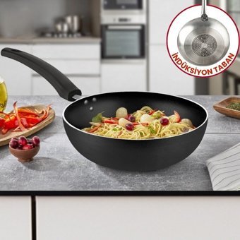 Evren Maestro Bakalit Saplı Alüminyum 32 cm Wok Tava Siyah