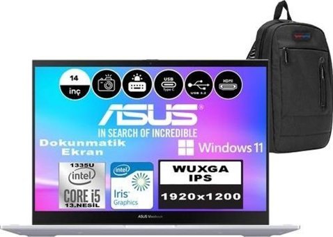 Asus Vivobook S 14 Flip Wuxga Dahili Iris Xe Graphics Eligible Intel Core i5 1335U 16 GB Ram 512 GB SSD 14 inç WUXGA Windows 11 Pro Dokunmatik Laptop + Çanta