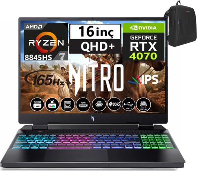 Acer Nitro V16 ANV16-42 WNHQSLEY00141 Harici GeForce RTX 4070 AMD Ryzen 7 8845HS 24 GB Ram 512 GB SSD 16 inç WQXGA Windows 11 Pro Gaming Laptop