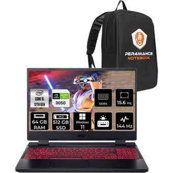 Acer Nitro 5 NHQFJEY00BP397 Harici GeForce RTX 3050 Intel Core i5 12450H 64 GB Ram 512 GB SSD 15.6 inç Full HD Windows 11 Home Gaming Laptop + PER4 Çanta