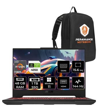 Asus TUF Gaming A15 LP052 Harici GeForce RTX 4050 AMD Ryzen 7 7735HS 48 GB Ram 1 TB SSD 15.6 inç Full HD Windows 11 Home Gaming Laptop + PER4 Çanta