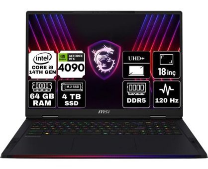 MSI Raider 18 Hx A14VIG-468TR-A1 Harici GeForce RTX 4090 Intel Core i9 14900HX 64 GB Ram 4 TB SSD 18 inç UHD+ Freedos Gaming Laptop + Anzar Mouse