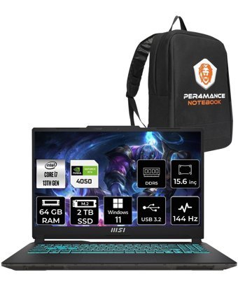 MSI Cyborg 15 A13VE-897XTR Harici GeForce RTX 4050 Intel Core i7 13620H 64 GB Ram 2 TB SSD 15.6 inç Full HD Windows 11 Pro Gaming Laptop + PER4 Çanta