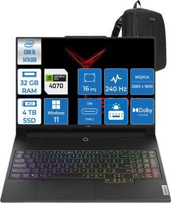 Lenovo Legion Pro 5 883DF00ALTR02 Harici GeForce RTX 4070 Intel Core i9 14900HX 32 GB Ram 4 TB SSD 16 inç QHD+ Windows 11 Pro Gaming Laptop