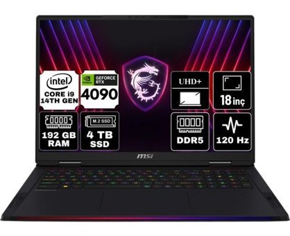 MSI Raider 18 Hx A14VIG-468TR-A13 Harici GeForce RTX 4090 Intel Core i9 14900HX 192 GB Ram 4 TB SSD 18 inç UHD+ Freedos Gaming Laptop + Anzar Mouse