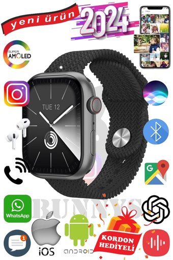 Bunnys Watch 9 Max+ Tansiyon Ölçen Kulaklıklı Unisex Kare 45 mm Gri Naylon Örgü Akıllı Saat