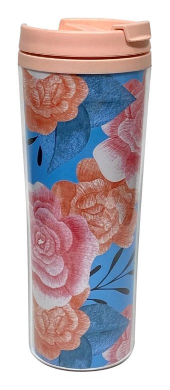 Allmug Floral Plastik 380 ml Outdoor Matara Termos Pembe-Mavi