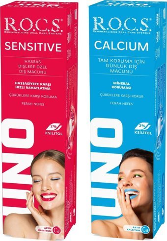 Rocs Uno Sensıtıve-Calcium Meyveli-Naneli Florürsüz Tüm Yaşlar Diş Macunu 2x74 ml