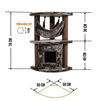 Lotus Furniture Pet Series Berlin Kule Tipi Hamaklı Tırmalamalı 3 Katlı İç Mekan Mdf-Peluş Kedi Evi Gri-Kahverengi