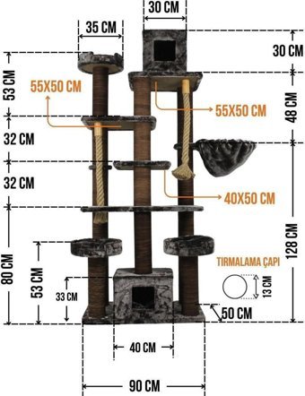 Lotus Furniture Pet Series Los Angeles Kule Tipi Hamaklı Tırmalamalı 6 Katlı İç Mekan Mdf-Peluş Kedi Evi Bal Rengi