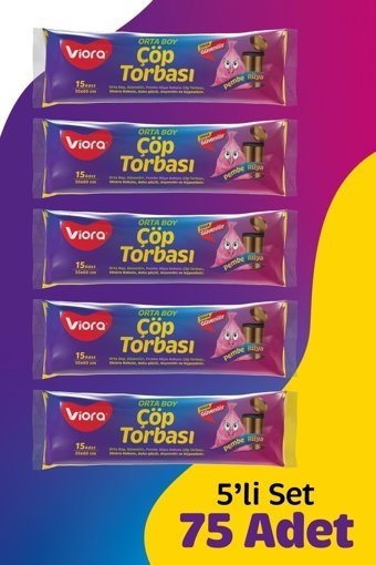 Viora Doğa Dostu Pembe Rüya Kokulu Büzgülü Orta Boy 55x60 cm Çöp Poşeti 3x15 Adet Pembe