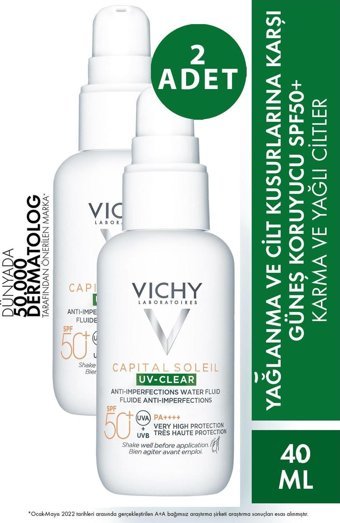 Vichy Capital Soleil Uv-Clear 50 Faktör Yağlı Ciltler İçin Leke Karşıtı Nemlendirici Yağsız Yüz Güneş Kremi 2x40 ml