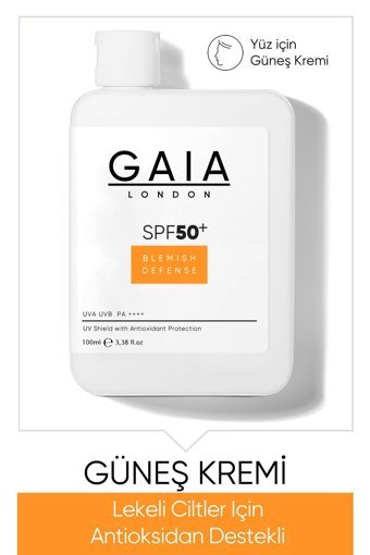 Gaia London Blemish Defense 50 Faktör Tüm Ciltler İçin Leke Karşıtı Nemlendirici Ton Eşitleyici Mineral Filtreli Yağsız Suya Dayanıklı Yüz Güneş Kremi 100 ml